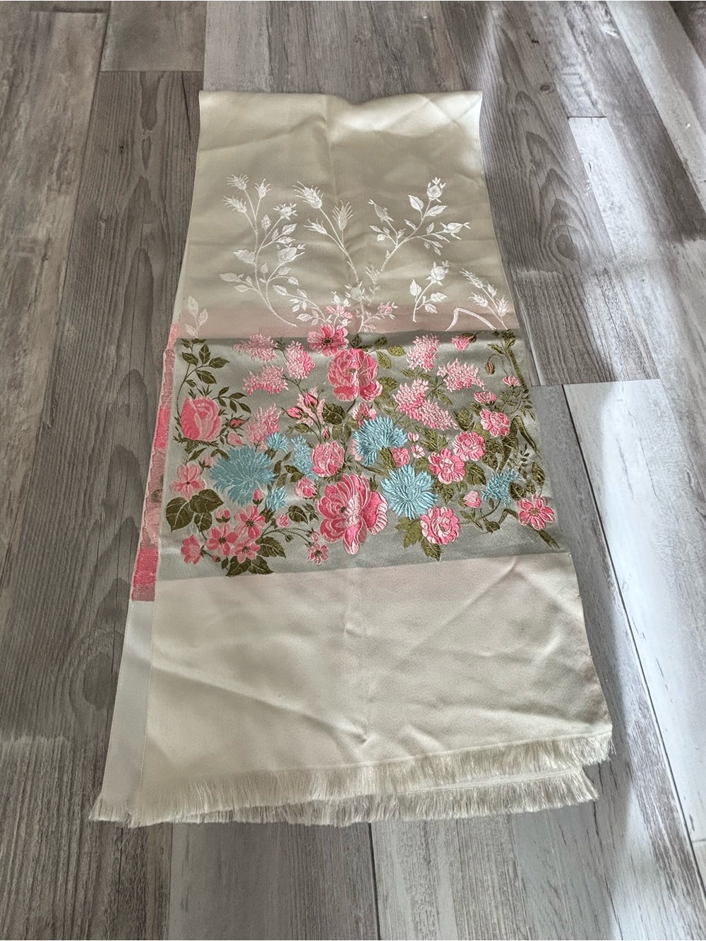Denise Francelle Paris Floral Satin Scarf in Cream & Pink
